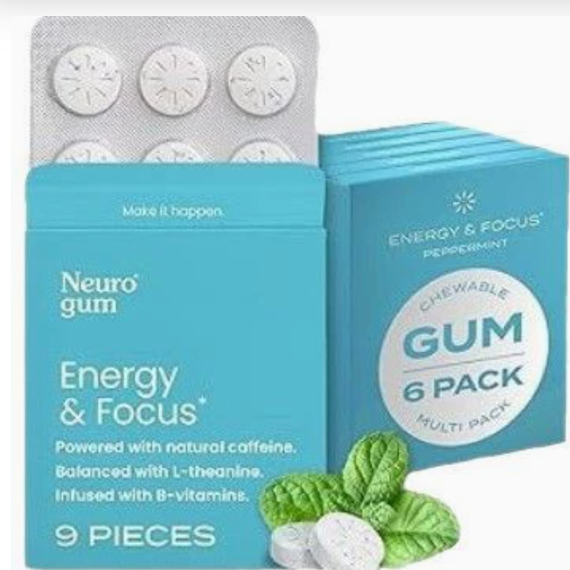 Neuro Energy & Focus Gum - Caffeine Gum with 40mg Natural Caffeine & L-Theanine - Nootropic Energy Supplement with B Vitamins - Sugar Free, Vegan - Peppermint, 54ct